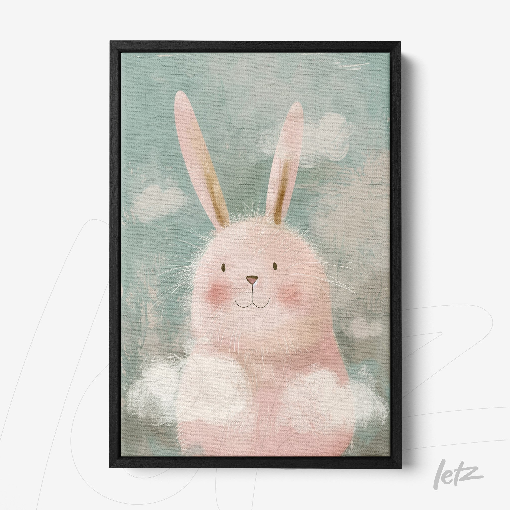 framed cute illustration of a pink bunny against a blue background
