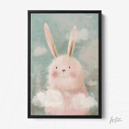 framed cute illustration of a pink bunny against a blue background
