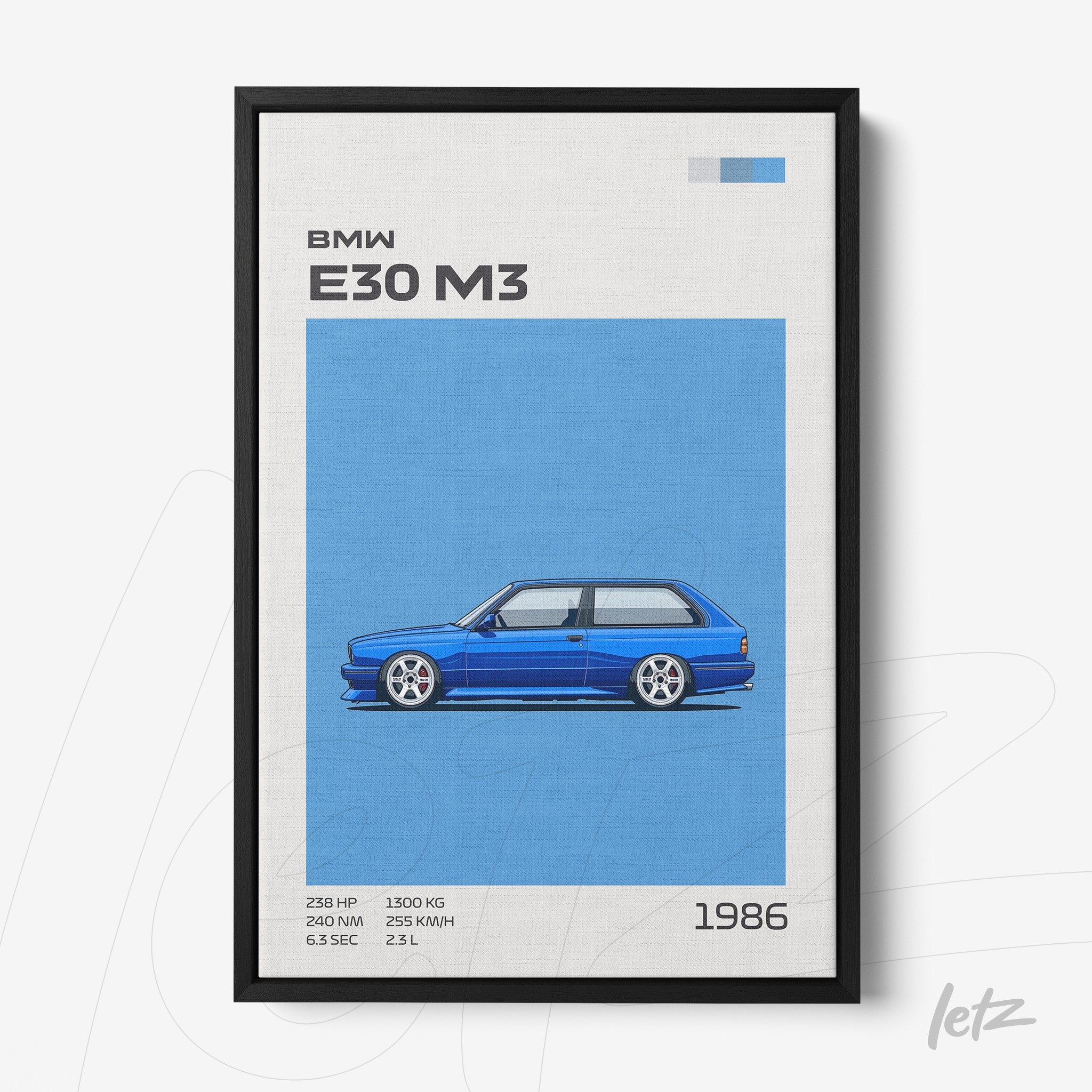framed digital art of BMW E30 M3 in blue background