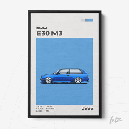 framed digital art of BMW E30 M3 in blue background