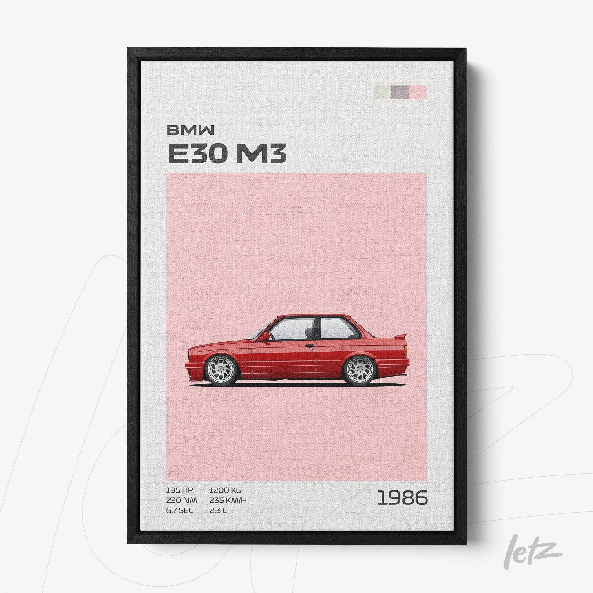 framed art of BMW E30 M3 on light pink background with black frame and graphical details on side columns