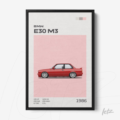 framed art of BMW E30 M3 on light pink background with black frame and graphical details on side columns
