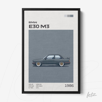 framed wall art featuring a sporty BMW E30 M3 illustration with black frame, light background and blue accents along with text information