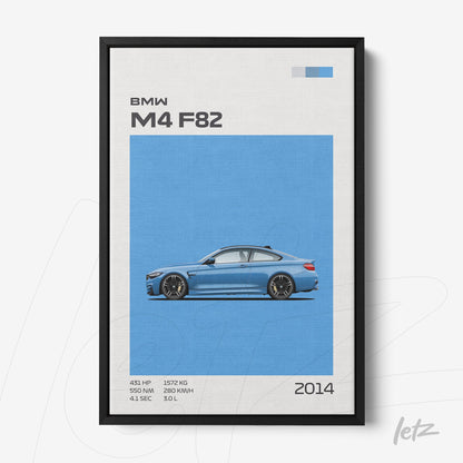 framed artwork featuring the BMW M4 F82 car against a vibrant blue background with a black frame