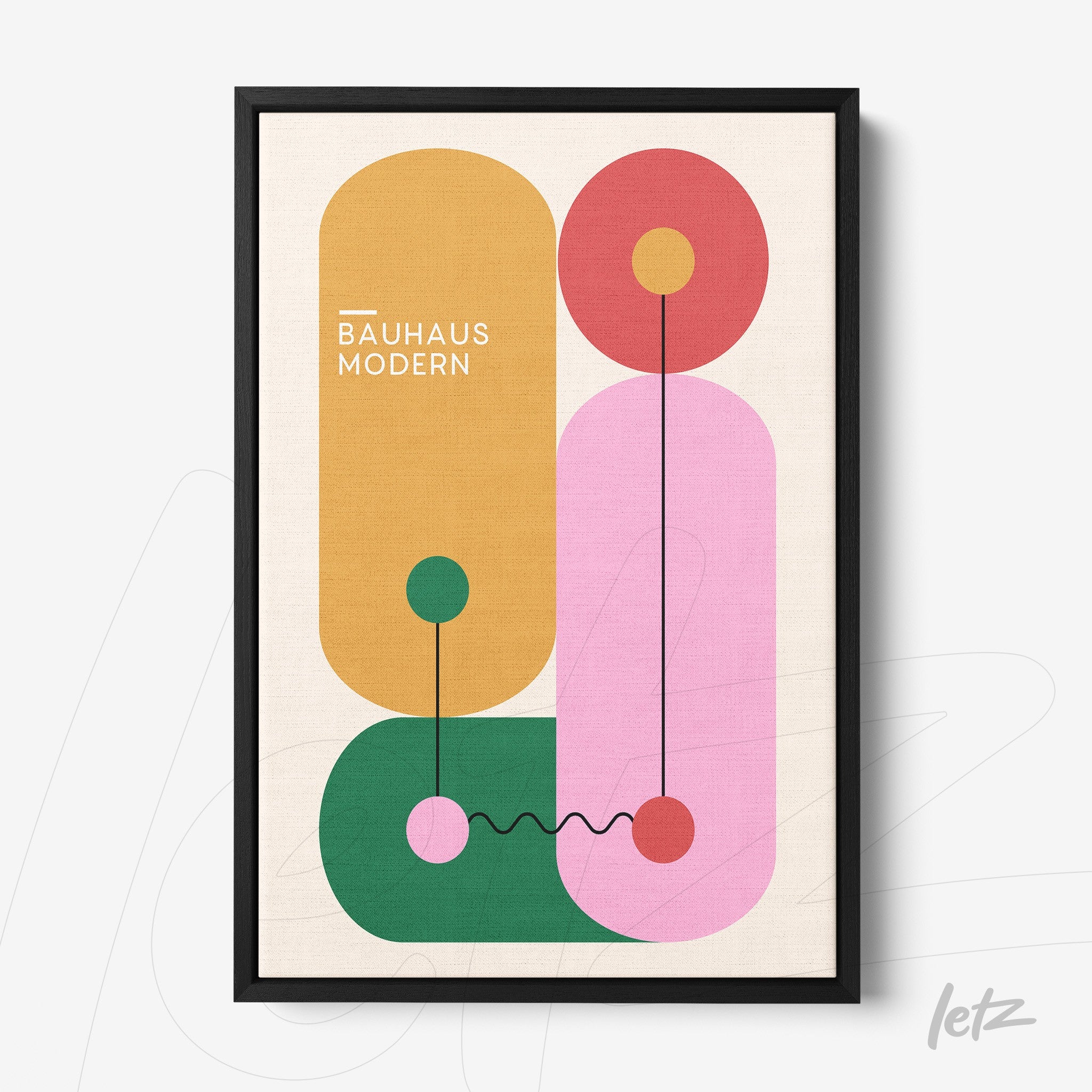 modern bauhaus-style abstract art with colorful geometric shapes in black frame