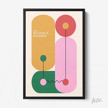 modern bauhaus-style abstract art with colorful geometric shapes in black frame