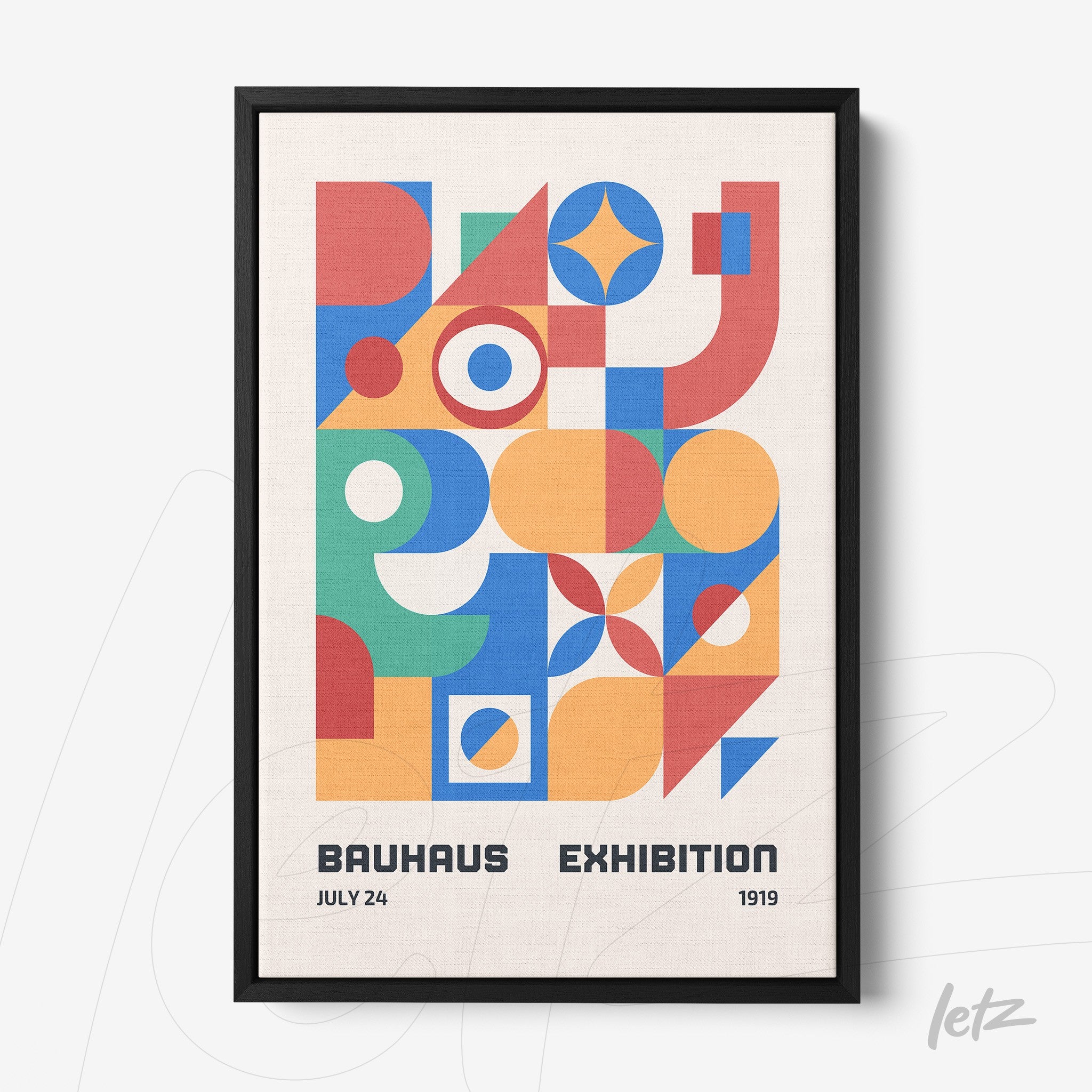 poster print featuring abstract geometric art in vibrant colors with a thin black frame