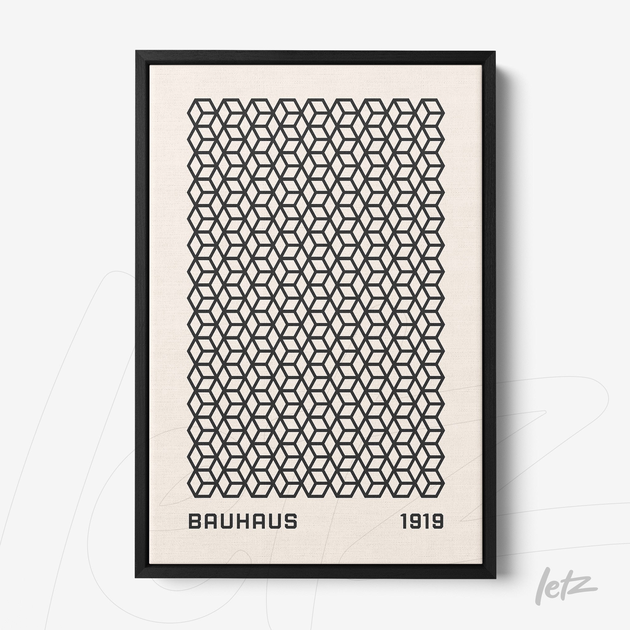 poster featuring a geometric pattern of interlocking cubes in black on a light beige background with text 'bauhaus 1919' shown in a thin black frame