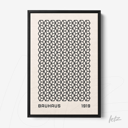 poster featuring a geometric pattern of interlocking cubes in black on a light beige background with text 'bauhaus 1919' shown in a thin black frame