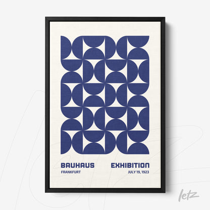poster with blue geometric design inspired by the 1923 bauhaus exhibition in black frame