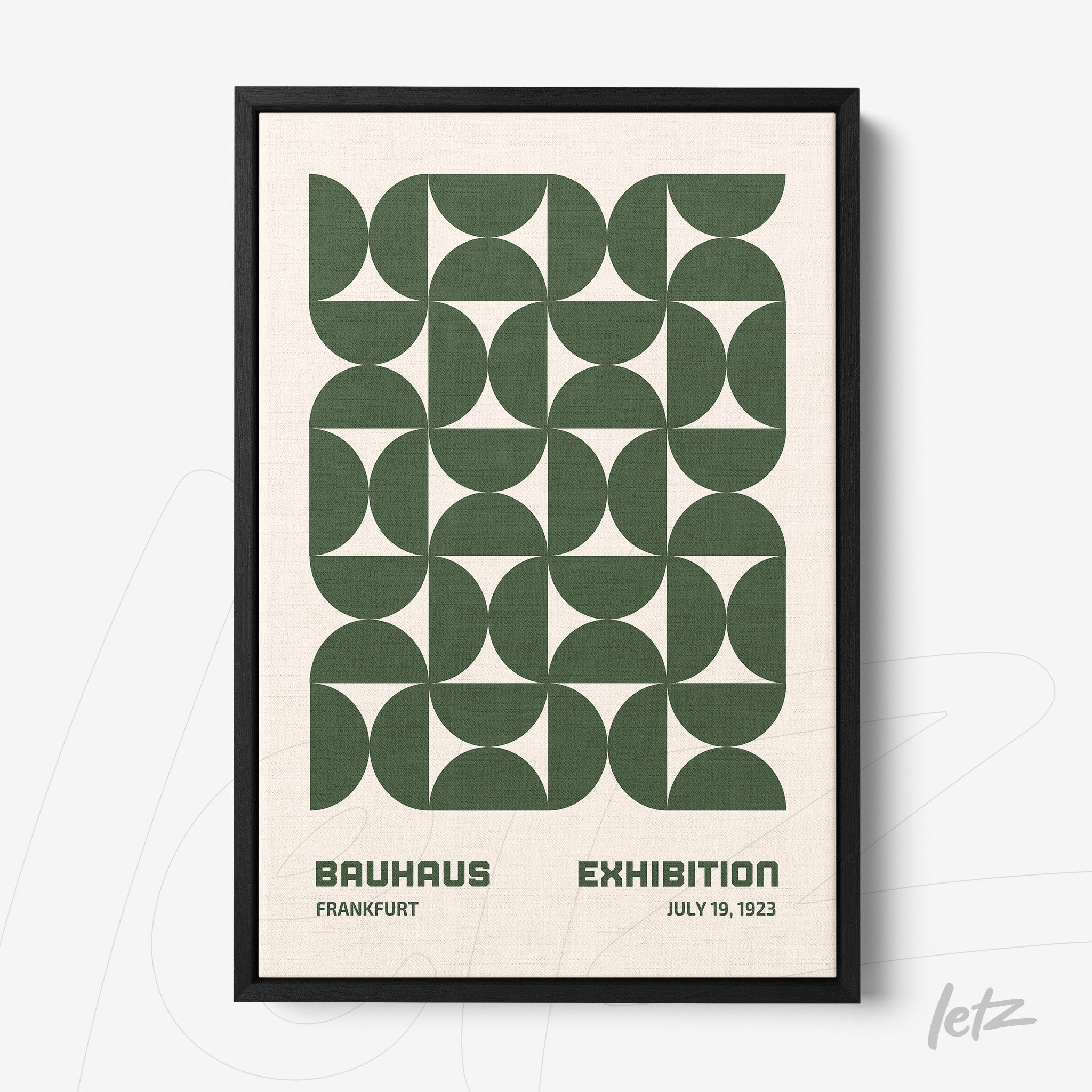poster print with green geometric pattern and bauhaus exhibition text, framed in black