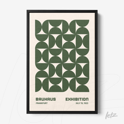 poster print with green geometric pattern and bauhaus exhibition text, framed in black