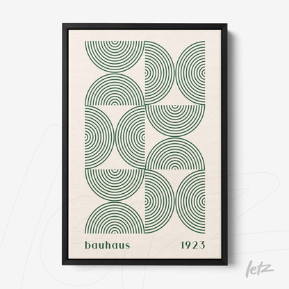 poster print with geometric bauhaus style design featuring green circles on beige background framed in black