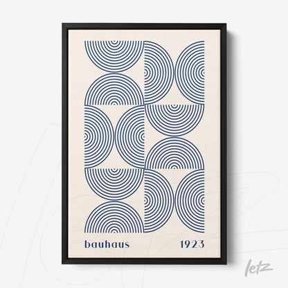 poster print featuring geometric art of circles and lines in blue with a thin black frame