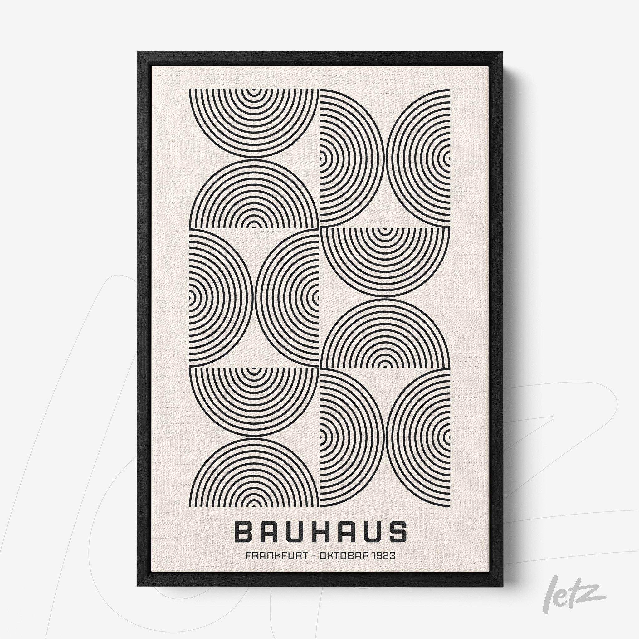 black and white geometric art with concentric circles in black frame