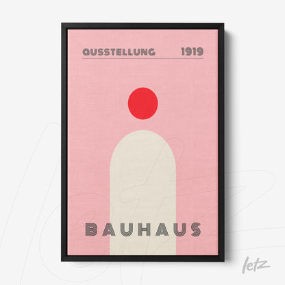 poster print of minimalist Bauhaus style art in pink and red hues framed in black