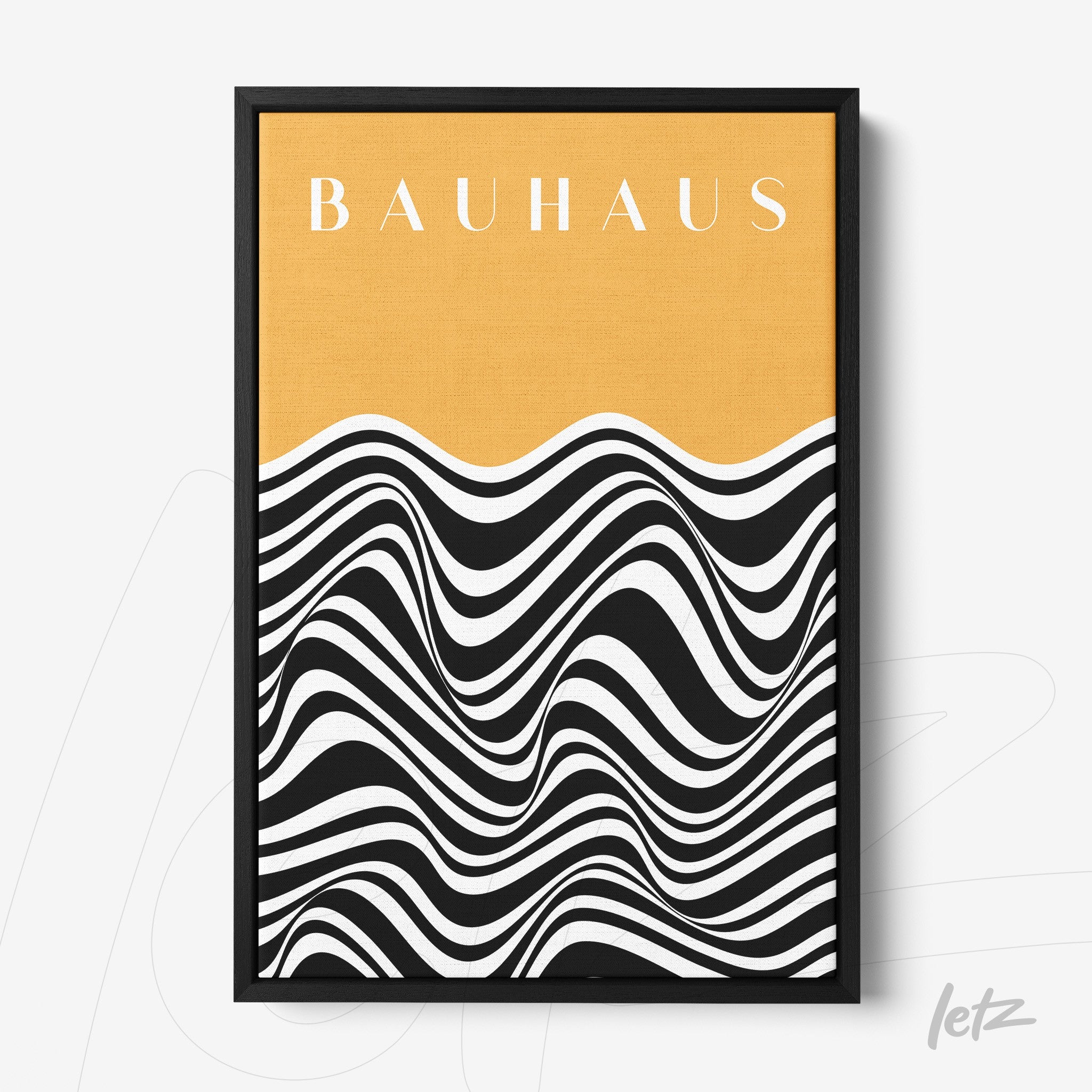 poster print featuring black and white op art waves with a yellow background and 'bauhaus' text, black frame