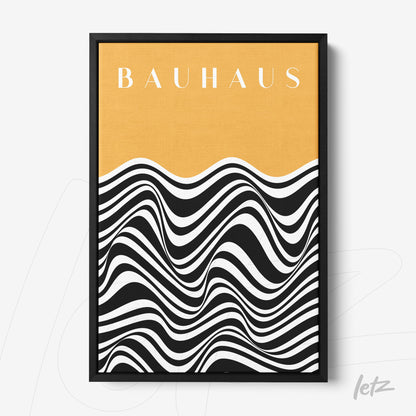 poster print featuring black and white op art waves with a yellow background and 'bauhaus' text, black frame