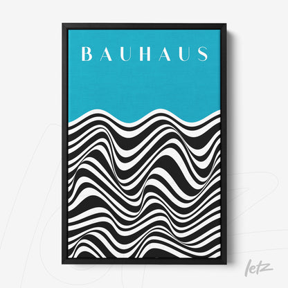 framed art featuring black and white geometric waves against a blue background with black frame