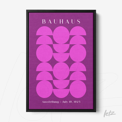 poster featuring geometric art of pink circles on a purple background in a black frame