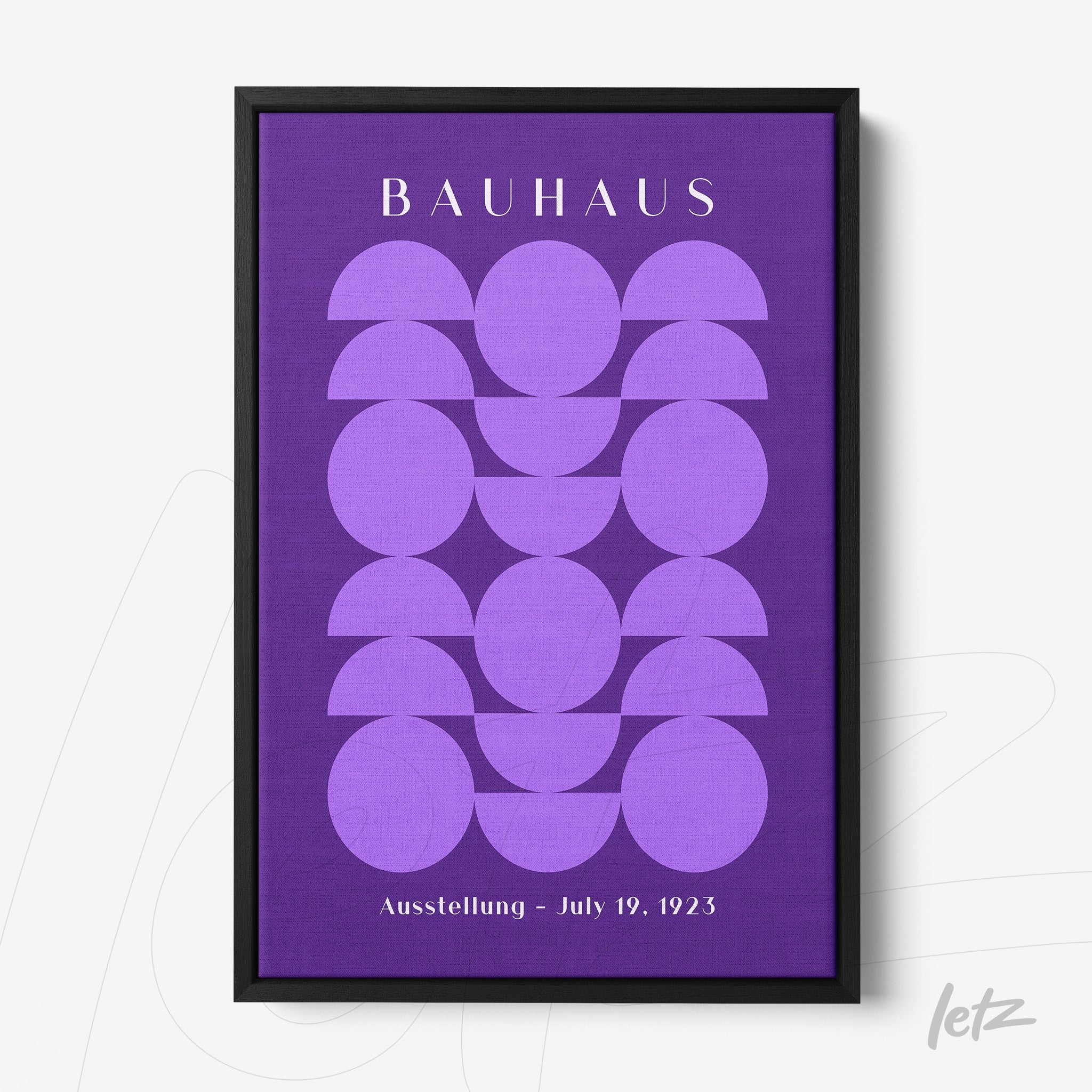 poster print featuring geometric shapes in lilac on a purple background with text about a bauhaus exhibition from 1923 in a black frame