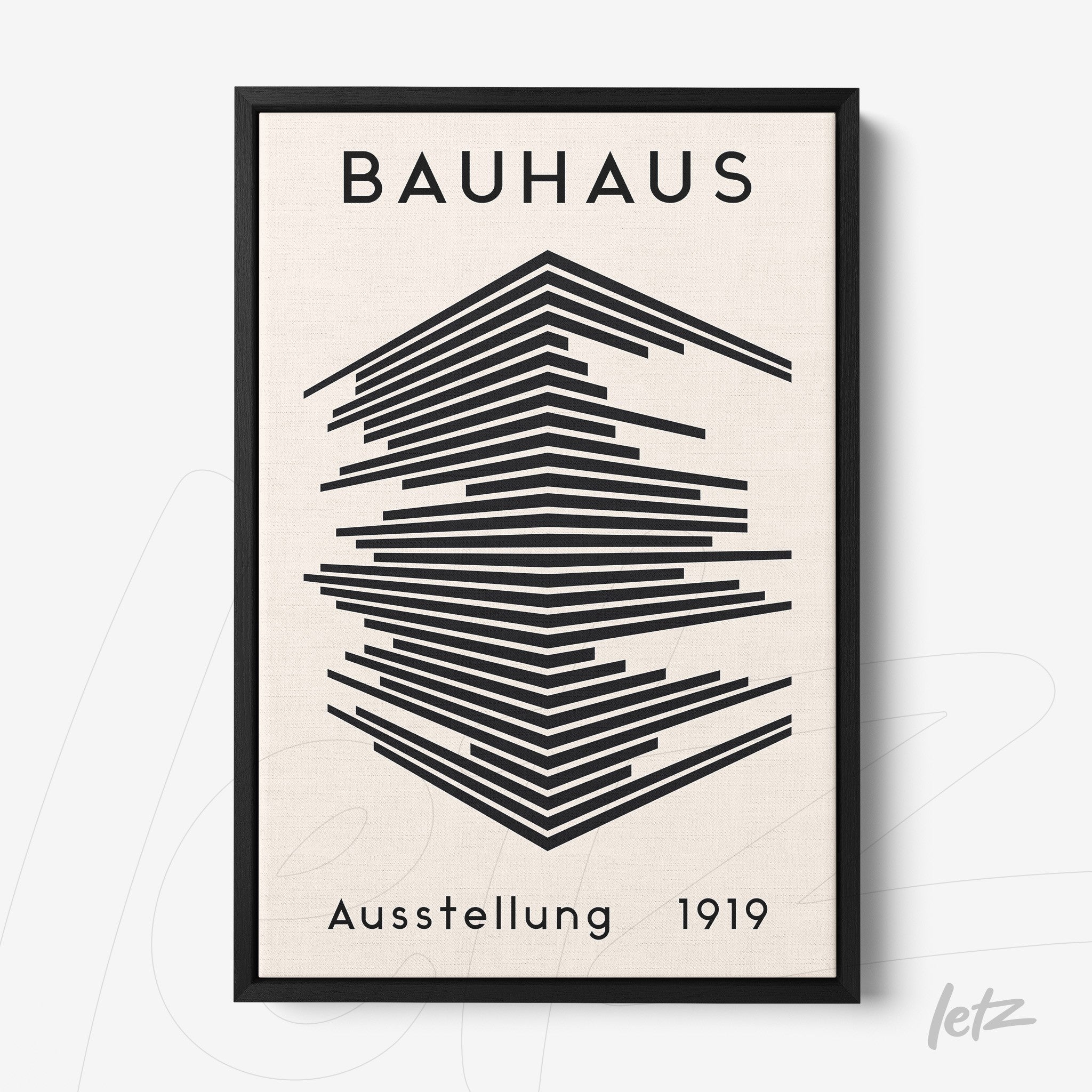 black and white geometric art print of Bauhaus movement with black frame