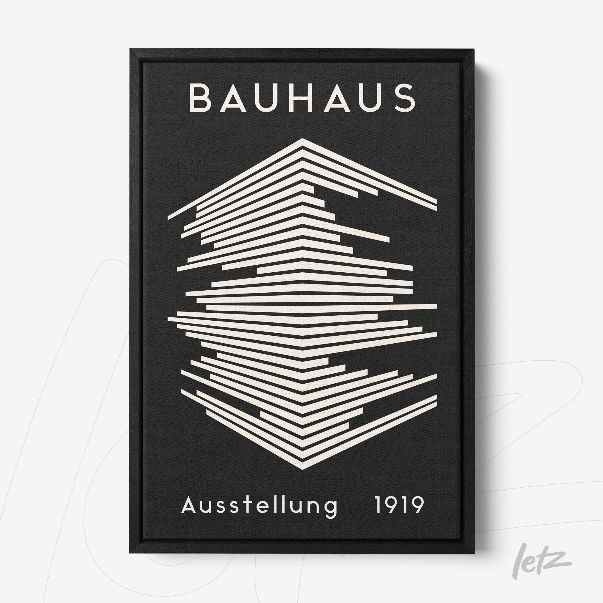 poster featuring an abstract design of stacked straight lines in black and white with black frame