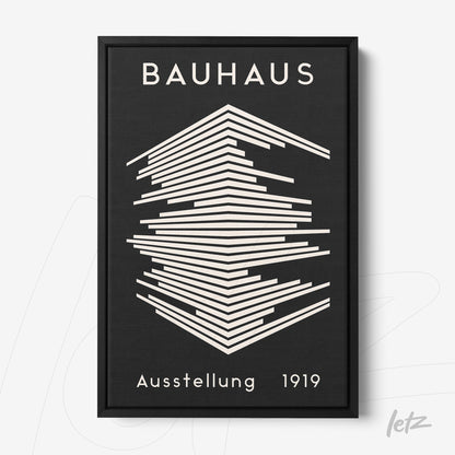 poster featuring an abstract design of stacked straight lines in black and white with black frame