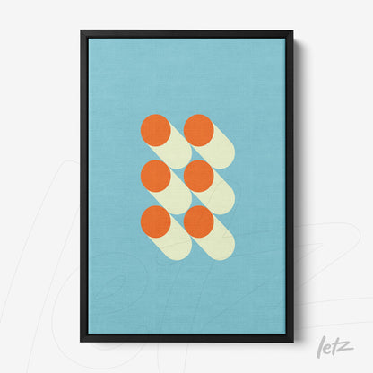 geometric poster art with orange and yellow circles on light blue background, black frame