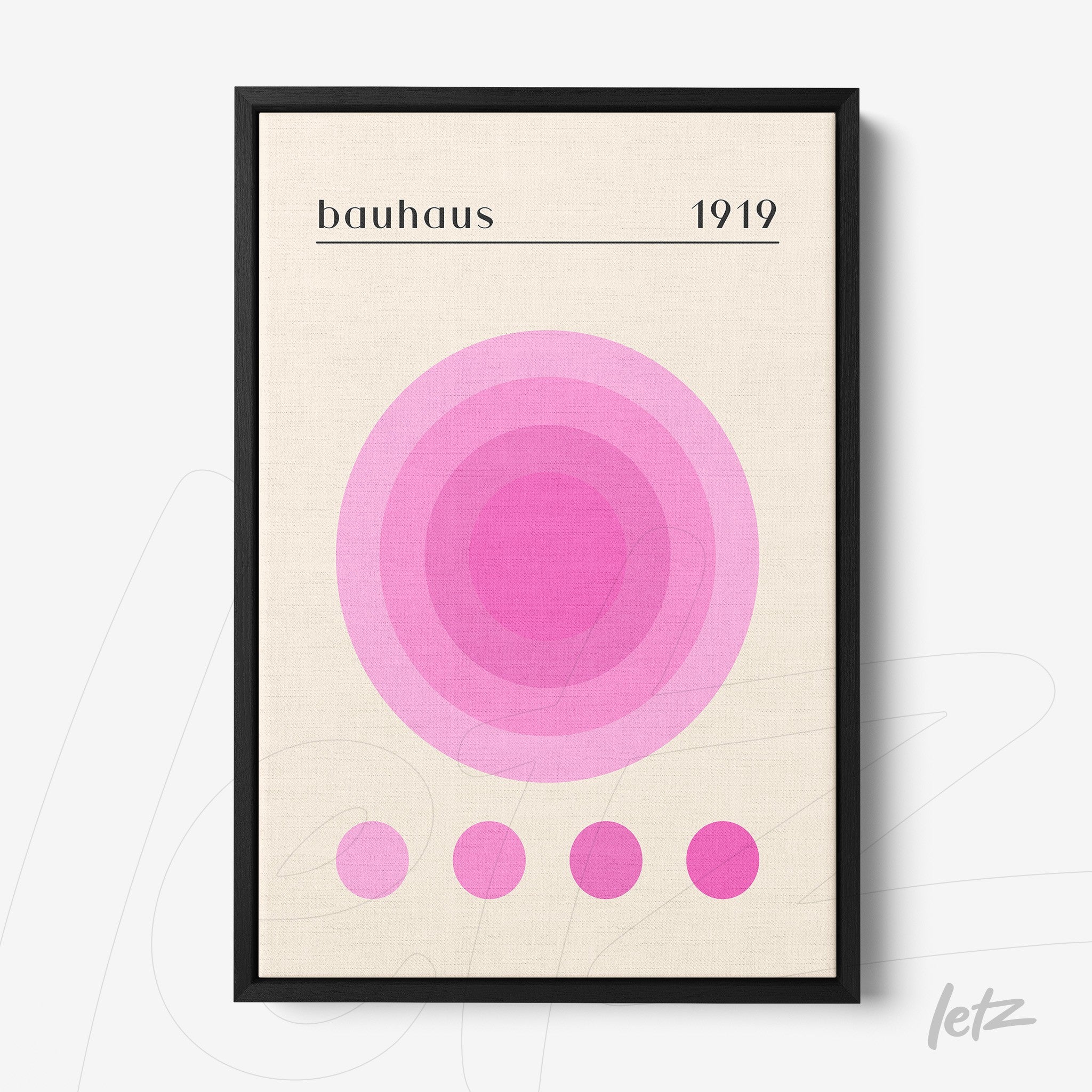 bauhaus print featuring pink circles in black frame on beige background