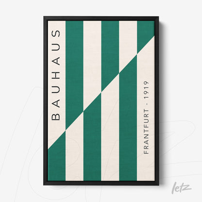 geometric art print in green and white with text bauhaus frankfurt 1919 in black frame