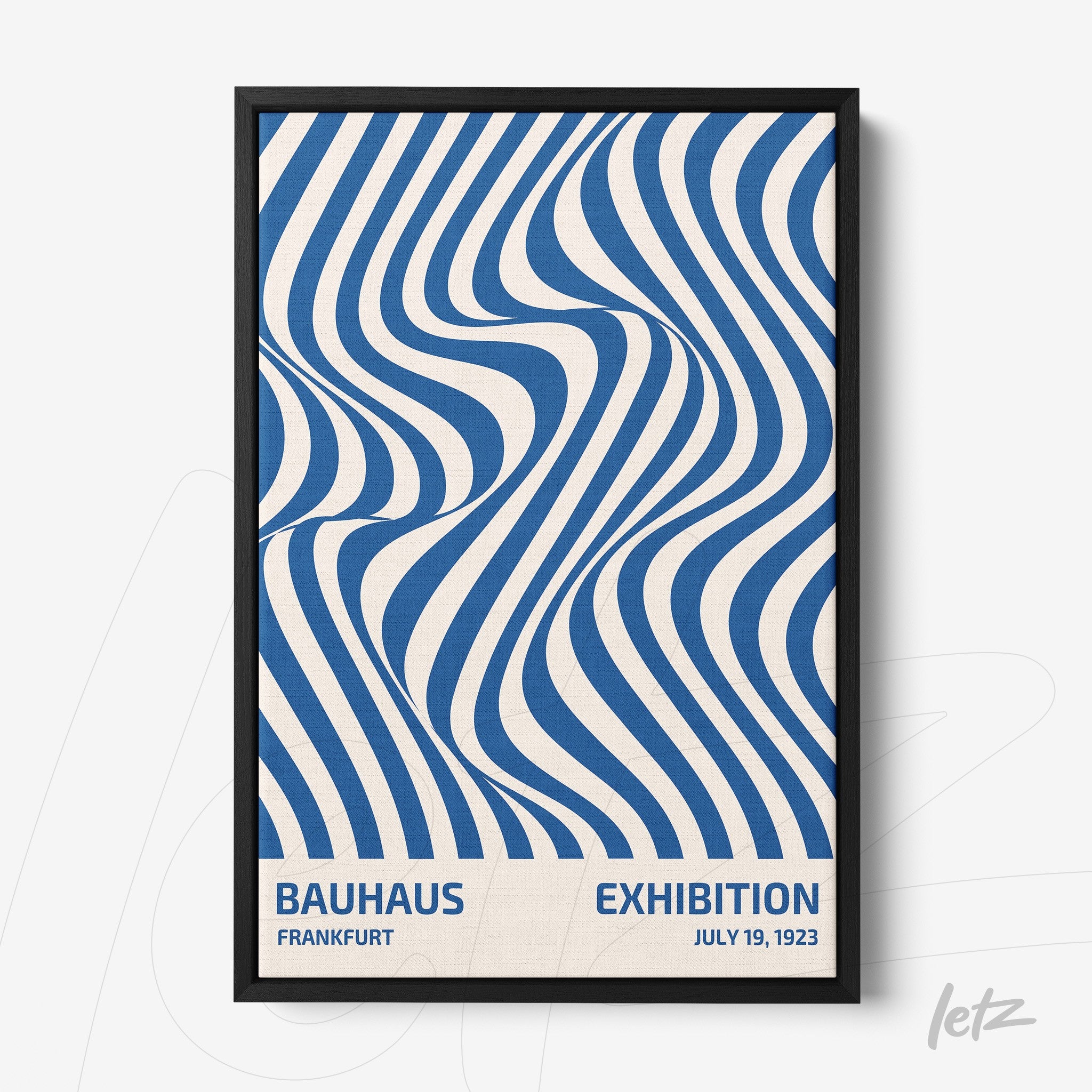 poster featuring geometric blue and white bauhaus design, black frame, with text details mentioning 1923 exhibition in frankfurt