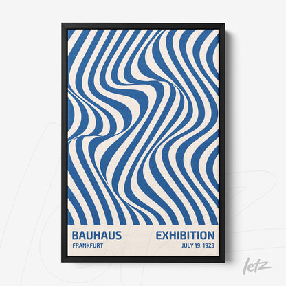 poster featuring geometric blue and white bauhaus design, black frame, with text details mentioning 1923 exhibition in frankfurt