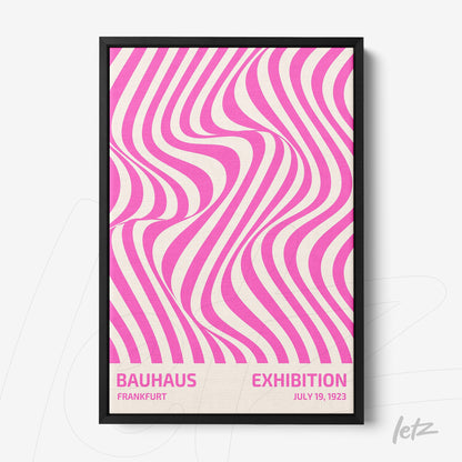 poster featuring abstract wave lines in pink on beige background, framed in black