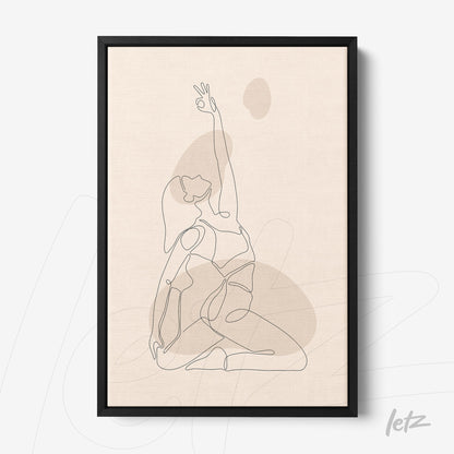 minimalist line art of a woman in a yoga pose framed with thin black border