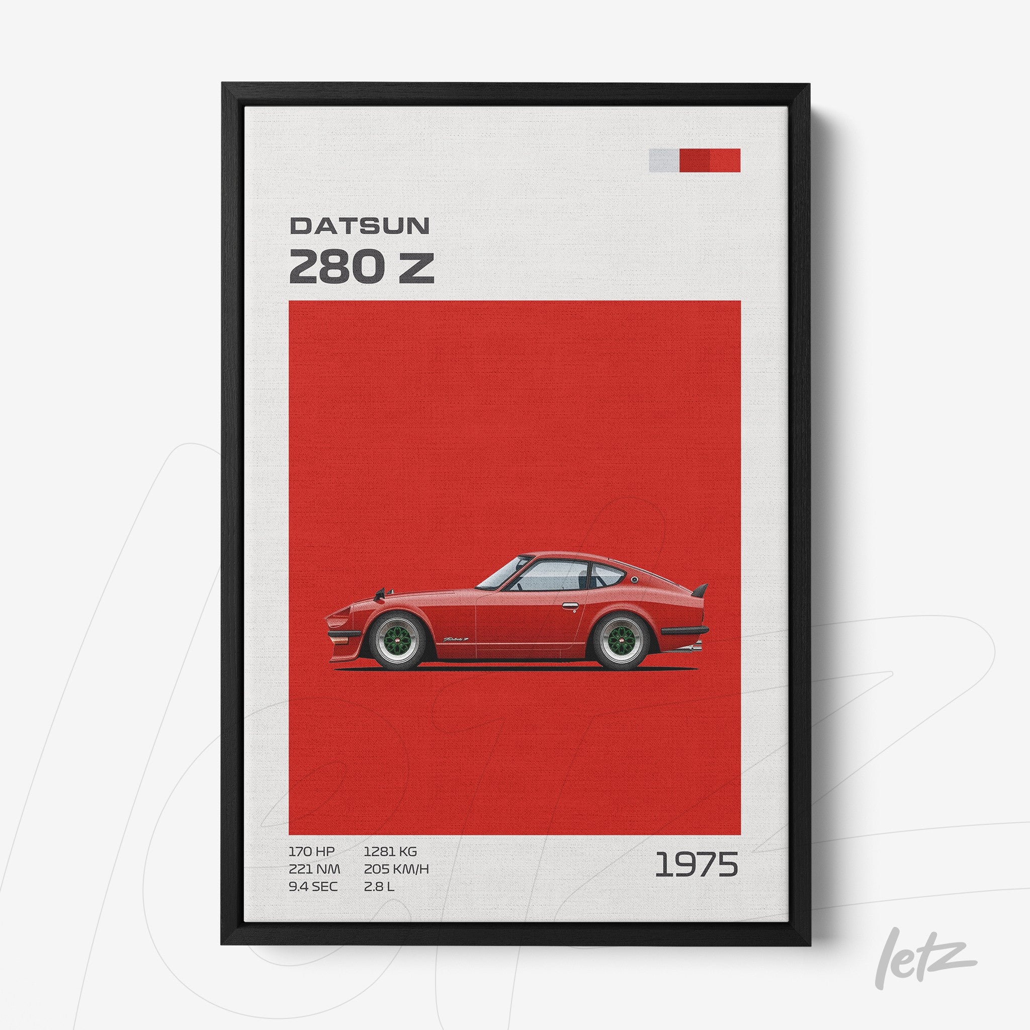 framed artwork of Datsun 280 Z car illustration on red background with black frame