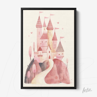 framed wall art of a pink watercolor castle with a winding road and soft pastel trees
