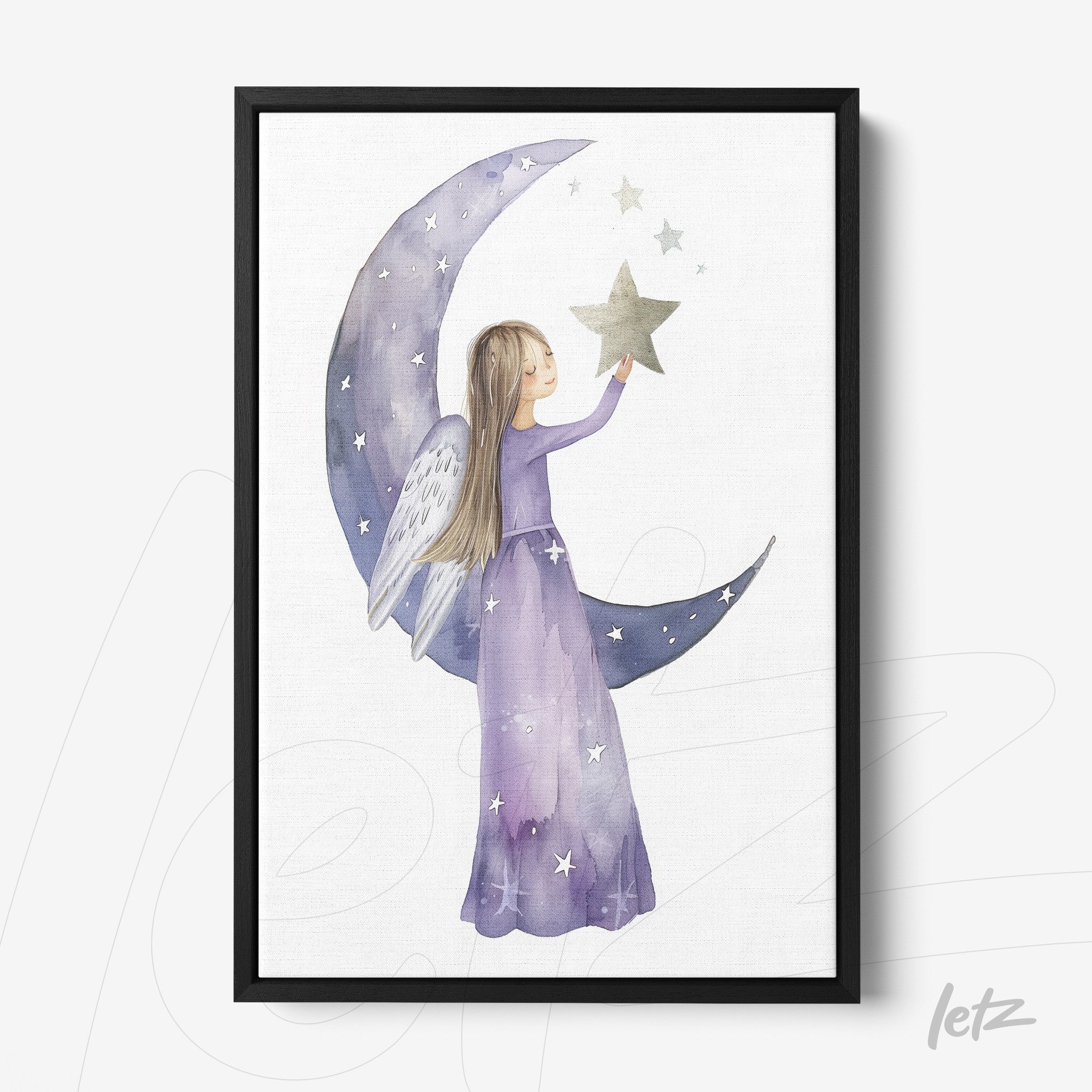 framed watercolor art of a girl with angel wings holding a star against a large crescent moon