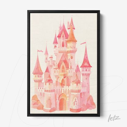 framed wall art featuring a pink castle illustration with a black frame against a light background