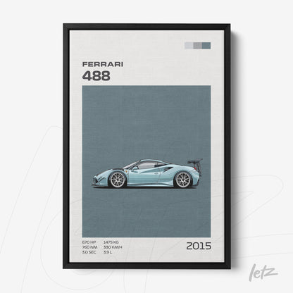 framed artwork featuring a sports car illustration of Ferrari 488 with a black frame and light blue background