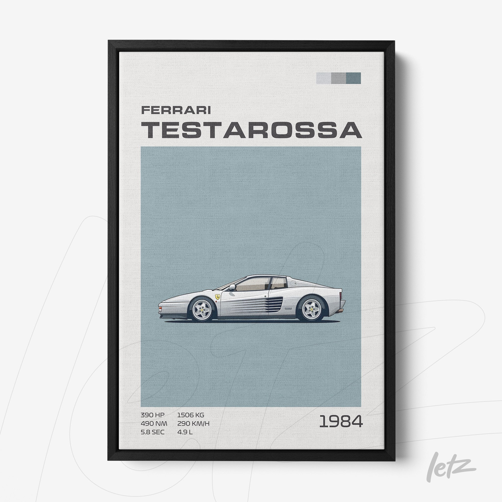 framed minimalist artwork of Ferrari Testarossa in black frame