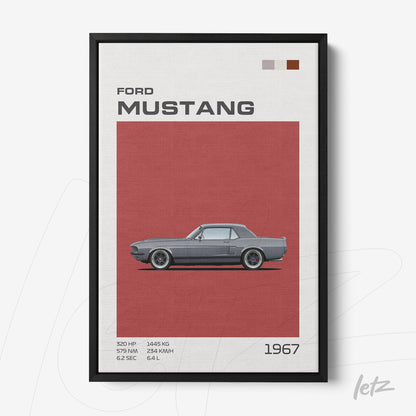 framed digital art of a 1967 Ford Mustang on a red background with a black frame
