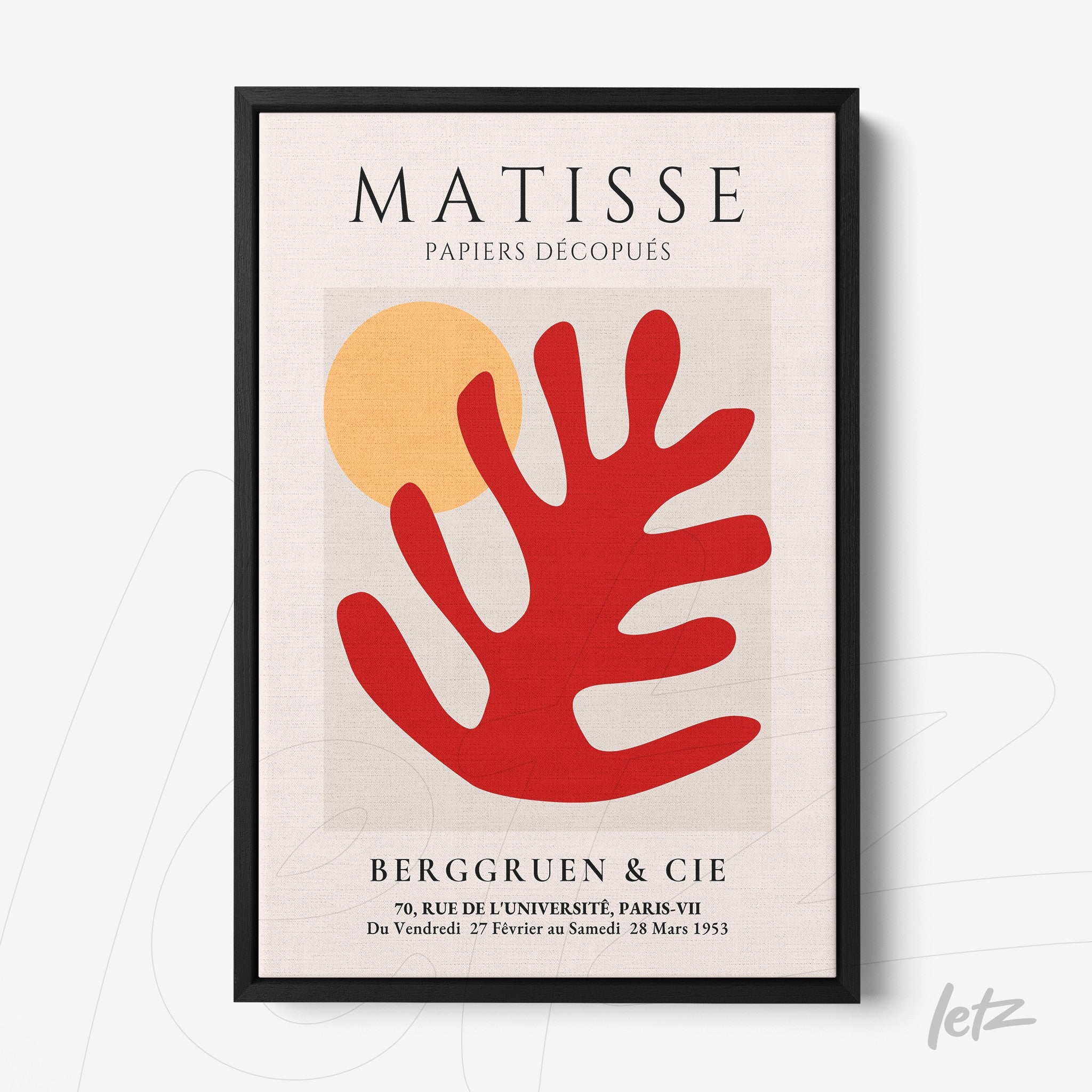 framed wall art featuring contemporary abstract shapes in red and yellow with a slim black frame