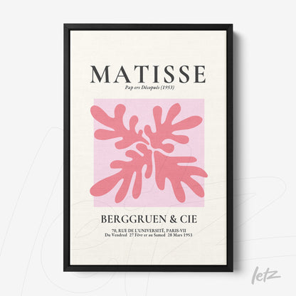 modern art print of Matisse in black frame featuring organic shapes in shades of pink on light background