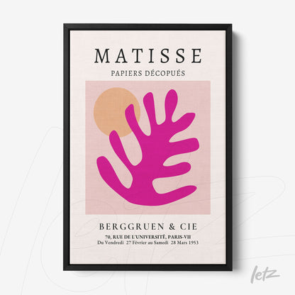 framed modern art piece showcasing a pink leaf design on a light background with geometric shapes