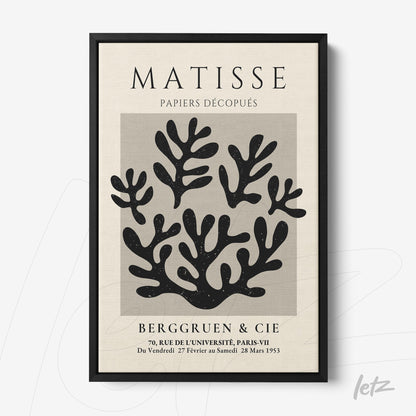 framed artwork featuring abstract black shapes on a light background with a fine black frame and prominent title at the top