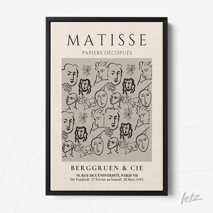 framed wall art featuring Matisse's paper cutouts with simple face outlines and leaves, light background and black frame