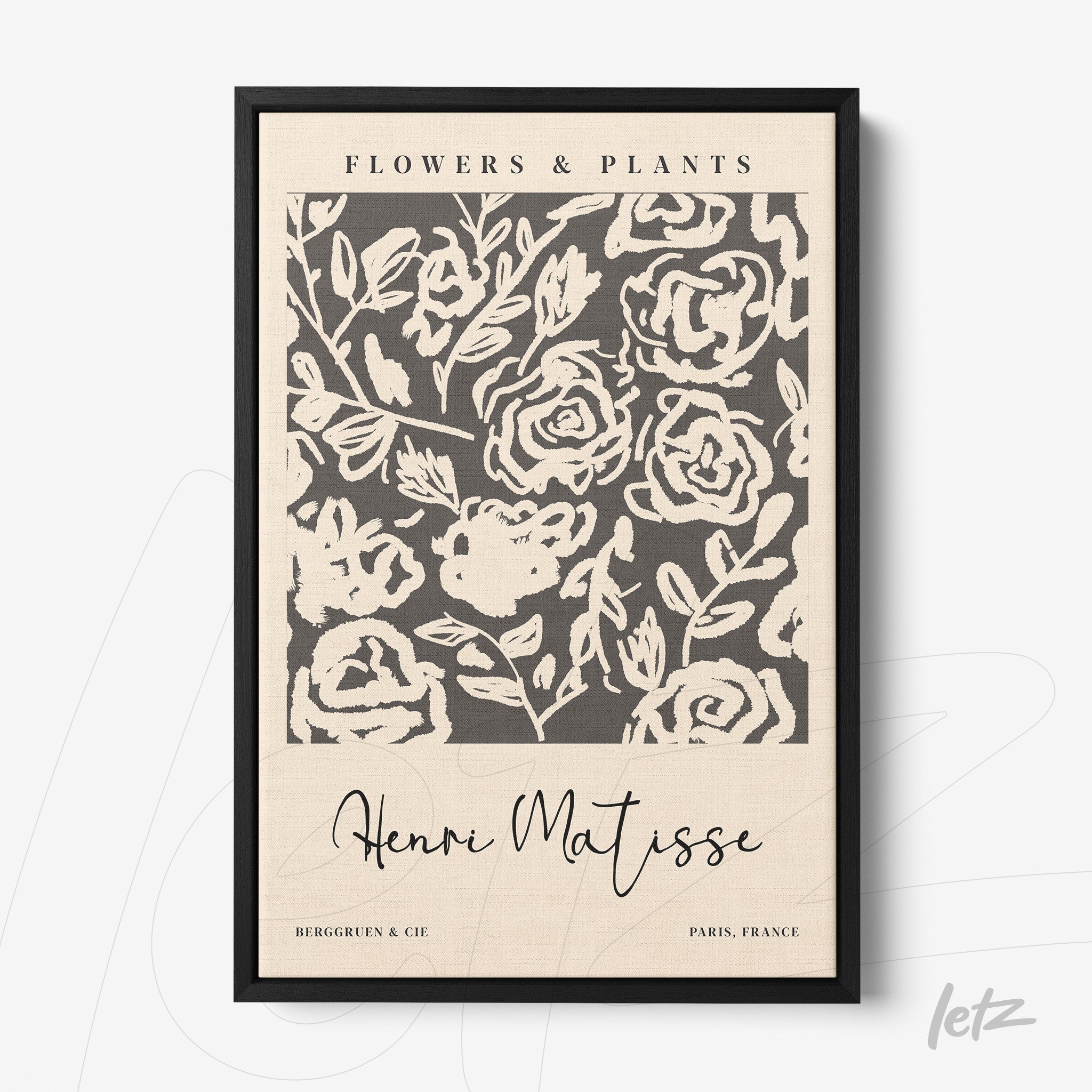 framed wall art featuring floral design in black and white with a fine black frame and light background
