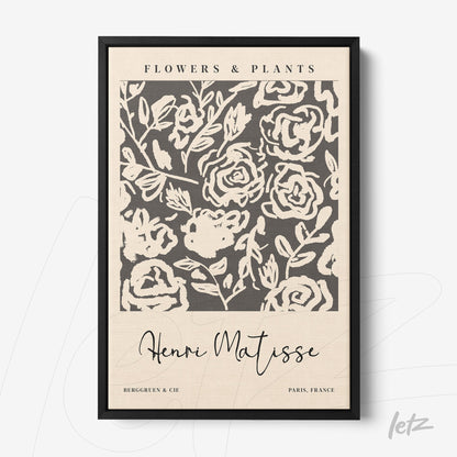 framed wall art featuring floral design in black and white with a fine black frame and light background