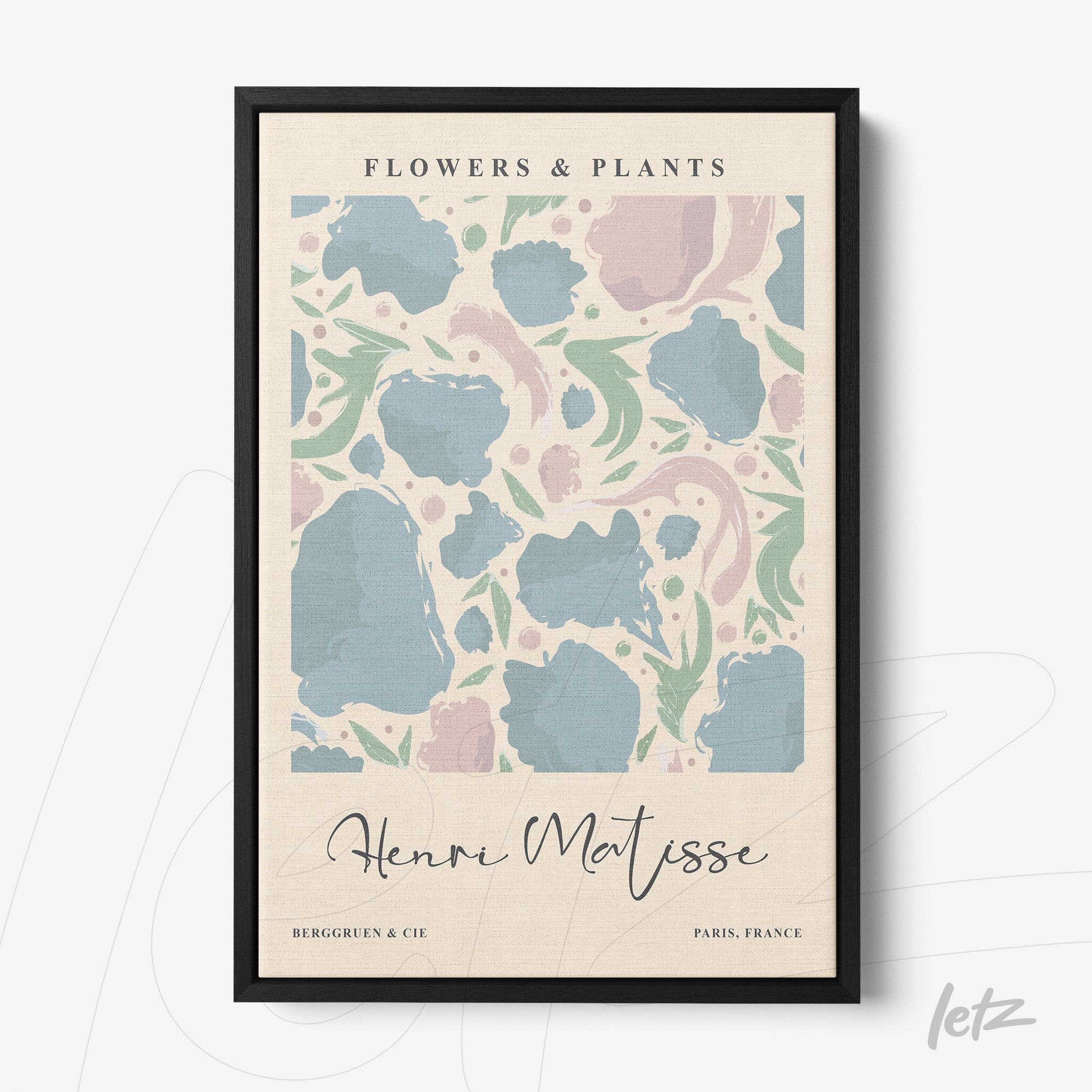 framed wall art featuring floral design inspired by Matisse with thin black frame